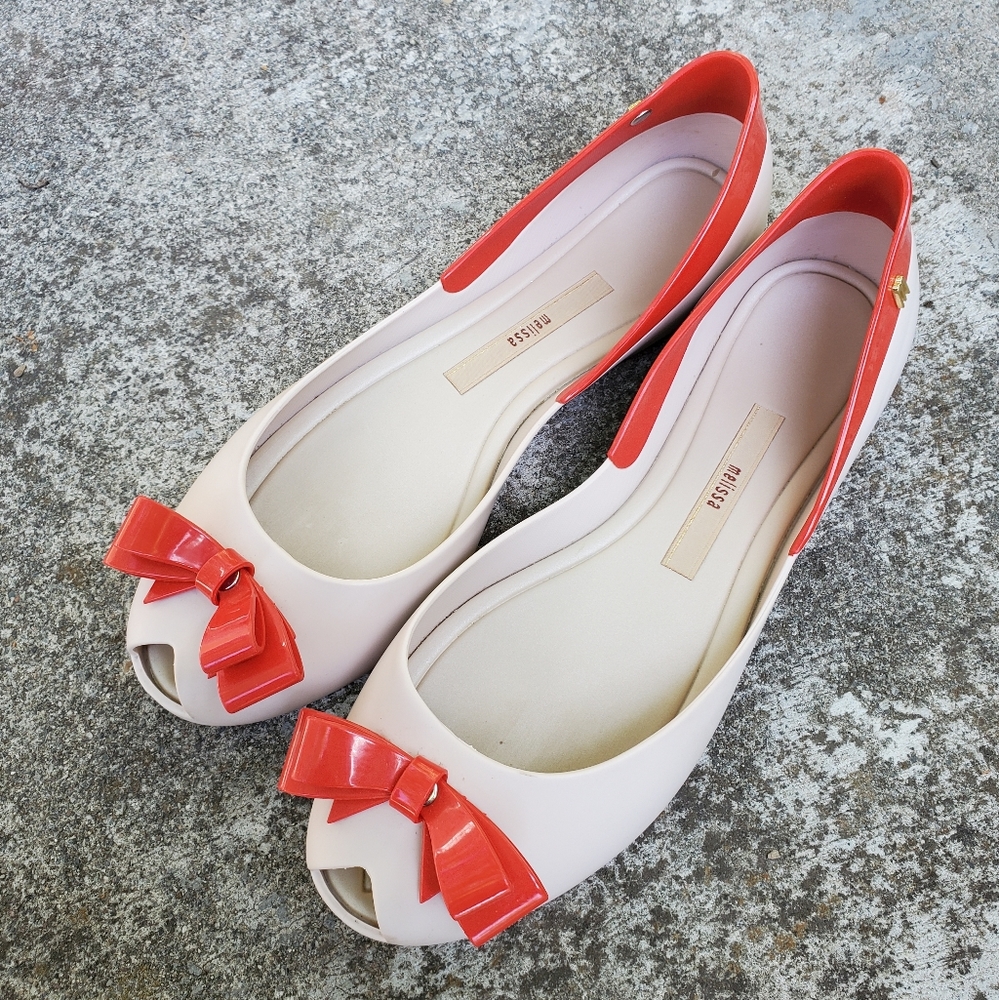 Melissa sz 8 beige and red peep toe jelly ballet flats